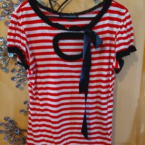 Jessica Louise Hand made in L.A.  Red & White Striped w Black Lace Bow Accent